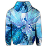 Hawaiian Map Hibiscus Flower Turtle Polynesian Zip Hoodie Blue - Polynesian Pride