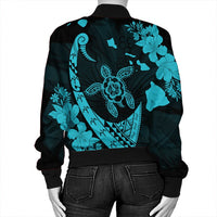 Hawaiian Map Hibiscus Turtle Fish Hook Polynesian Bomber Jacket Blue - AH - Polynesian Pride