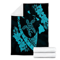 Hawaiian Map Hibiscus Turtle Fish Hook Polynesian Premium Blankets Blue - AH - Polynesian Pride