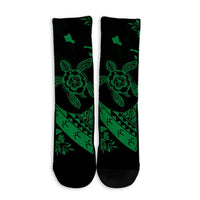 Hawaiian Map Hibiscus Turtle Fish Hook Polynesian Crew Socks Green - AH - Polynesian Pride