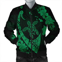 Hawaiian Map Hibiscus Turtle Fish Hook Polynesian Bomber Jacket Green - AH Black Unisex - Polynesian Pride
