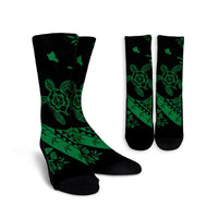 Hawaiian Map Hibiscus Turtle Fish Hook Polynesian Crew Socks Green - AH Crew Socks White - Polynesian Pride