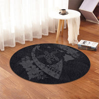 Hawaiian Map Hibiscus Turtle Fish Hook Polynesian Round Carpet Grey - AH - Polynesian Pride