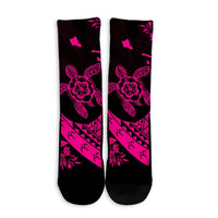 Hawaiian Map Hibiscus Turtle Fish Hook Polynesian Crew Socks Pink - AH - Polynesian Pride