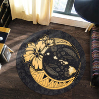 Hawaiian Map Hibiscus Turtle Polynesian Moon Round Carpet Gold - AH - Polynesian Pride