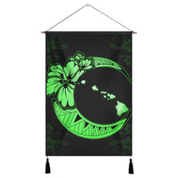 Hawaiian Map Hibiscus Turtle Polynesian Moon Hanging Poster Green - AH Hanging Poster Cotton And Linen - Polynesian Pride