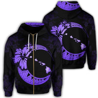 Hawaiian Map Hibiscus Turtle Polynesian Moon Zip Hoodie Purple Unisex Art - Polynesian Pride