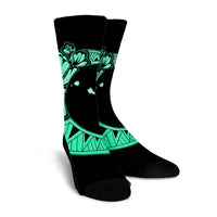 Hawaiian Map Hibiscus Turtle Polynesian Moon Crew Socks Turquoise - AH - Polynesian Pride