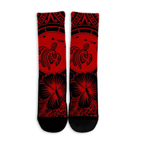 Hawaiian Map Honu Hibiscus Tropic Red Polynesian Crew Socks - AH - Polynesian Pride