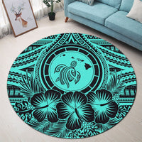 Hawaiian Map Honu Hibiscus Tropic Turquoise Polynesian Round Carpet - AH - Polynesian Pride