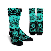 Hawaiian Map Honu Hibiscus Tropic Turquoise Polynesian Crew Socks - AH Crew Socks White - Polynesian Pride