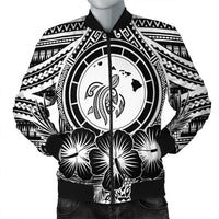 Hawaiian Map Honu Hibiscus Tropic White Polynesian Bomber Jacket - AH Black Unisex - Polynesian Pride
