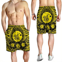 Hawaiian Map Honu Hibiscus Tropic Yellow Polynesian Men's Shorts - AH - Polynesian Pride