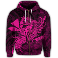 Hawaiian Map Hula Girl Hibiscus Kanaka Polynesian Zip Hoodie Pink - Polynesian Pride
