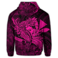 Hawaiian Map Hula Girl Hibiscus Kanaka Polynesian Zip Hoodie Pink - Polynesian Pride