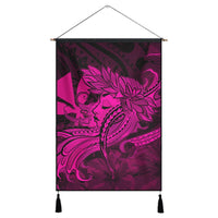 Hawaiian Map Hula Girl Hibiscus Kanaka Polynesian Hanging Poster - Pink - AH Hanging Poster Cotton And Linen - Polynesian Pride