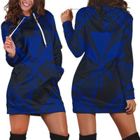 Hawaiian Map Kanaka Hibiscus Blue Polynesian Hoodie Dress - AH Black - Polynesian Pride