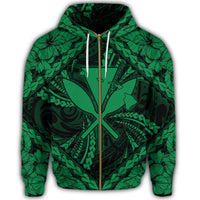 Hawaiian Map Kanaka Hibiscus Green Polynesian Zip Hoodie - Polynesian Pride