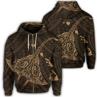 Hawaiian Map Kanaka Manta Ray Polynesian Zip Hoodie Gold Unisex Art - Polynesian Pride