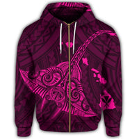 Hawaiian Map Kanaka Manta Ray Polynesian Zip Hoodie Pink - Polynesian Pride