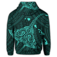 Hawaiian Map Kanaka Manta Ray Polynesian Zip Hoodie Turquoise - Polynesian Pride