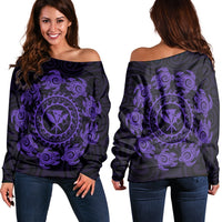 Hawaiian Map Kanaka Turtles Circle Style Purple Polynesian Women's Off Shoulder Sweater - AH Black - Polynesian Pride