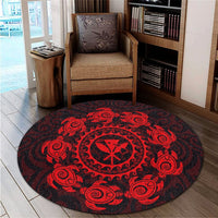 Hawaiian Map Kanaka Turtles Circle Style Red Polynesian Round Carpet - AH - Polynesian Pride