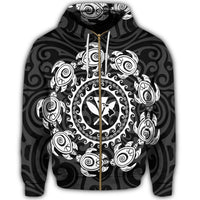 Hawaiian Map Kanaka Turtles Circle Style White Polynesian Zip Hoodie - Polynesian Pride