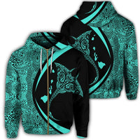 Hawaiian Map Manta Ray Polynesian Zip Hoodie Turquoise Circle Style Unisex Art - Polynesian Pride