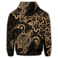 Hawaiian Map Turtle Hibiscus Kanaka Polynesian Zip Hoodie Gold - Polynesian Pride
