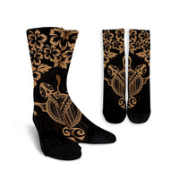 Hawaiian Map Turtle Hibiscus Kanaka Polynesian Crew Socks - Gold - AH Crew Socks White - Polynesian Pride