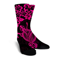 Hawaiian Map Turtle Hibiscus Kanaka Polynesian Crew Socks - Pink - AH - Polynesian Pride