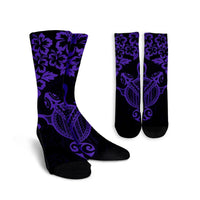 Hawaiian Map Turtle Hibiscus Kanaka Polynesian Crew Socks - Purple - AH Crew Socks White - Polynesian Pride