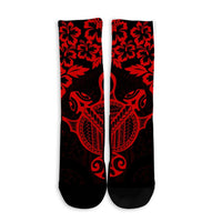 Hawaiian Map Turtle Hibiscus Kanaka Polynesian Crew Socks - Red - AH - Polynesian Pride