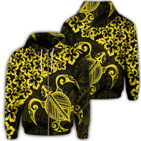 Hawaiian Map Turtle Hibiscus Kanaka Polynesian Zip Hoodie Yellow Unisex Art - Polynesian Pride