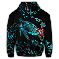 Hawaiian Map Turtle Hibiscus Ohana Honu Paua Shell Hoodie - Polynesian Pride