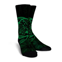 Hawaiian Map Turtle Kanaka Hibiscus Polynesian Crew Socks - Green - AH - Polynesian Pride