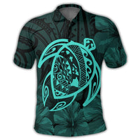 Hawaiian Map Turtle Kanaka Hibiscus Polynesian Polo Shirt Turquoise - Polynesian Pride
