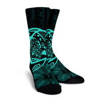 Hawaiian Map Turtle Kanaka Hibiscus Polynesian Crew Socks - Turquoise - AH - Polynesian Pride