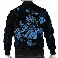 Hawaiian Map Turtle Ohana Hibicus Polynesian Bomber Jacket - Pastel Blue - AH - Polynesian Pride