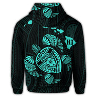 Hawaiian Map Turtle Ohana Hibicus Polynesian Zip Hoodie Turquoise - Polynesian Pride