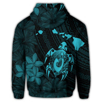 Hawaiian Map Turtle Plumeria Hibiscus Fish Hook Polynesian Zip Hoodie Blue - Polynesian Pride
