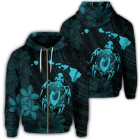 Hawaiian Map Turtle Plumeria Hibiscus Fish Hook Polynesian Zip Hoodie Blue Unisex Art - Polynesian Pride