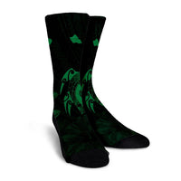 Hawaiian Map Turtle Plumeria Hibiscus Fish Hook Polynesian Crew Socks Green - AH - Polynesian Pride