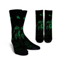 Hawaiian Map Turtle Plumeria Hibiscus Fish Hook Polynesian Crew Socks Green - AH Crew Socks White - Polynesian Pride
