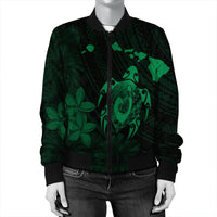 Hawaiian Map Turtle Plumeria Hibiscus Fish Hook Polynesian Bomber Jacket Green - AH - Polynesian Pride