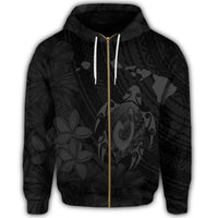 Hawaiian Map Turtle Plumeria Hibiscus Fish Hook Polynesian Zip Hoodie Grey - Polynesian Pride