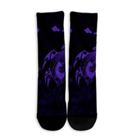 Hawaiian Map Turtle Plumeria Hibiscus Fish Hook Polynesian Crew Socks Purple - AH - Polynesian Pride