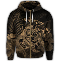 Hawaiian Map Turtle Tattoo Hibiscus Plumeria Polynesian Zip Hoodie Gold - Polynesian Pride