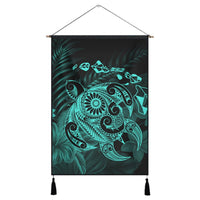Hawaiian Map Turtle Tattoo Hibiscus Plumeria Polynesian Hanging Poster - Turquoise - AH Hanging Poster Cotton And Linen - Polynesian Pride